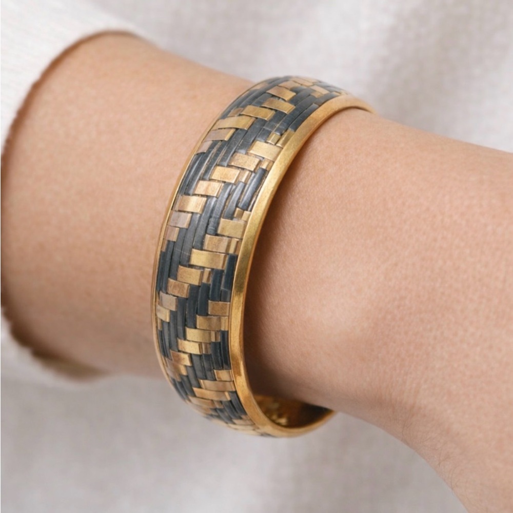 Vintage Gold And Black Basket Weave Wide Bangle Bracelet Western 3 Inches Wide